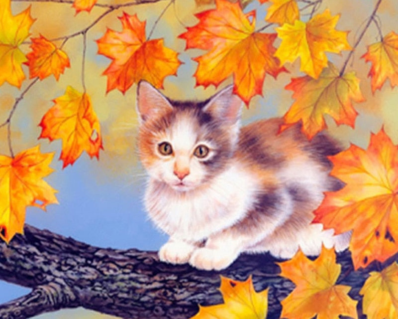 Maple Leaves And Cat 5D Diamond Painting