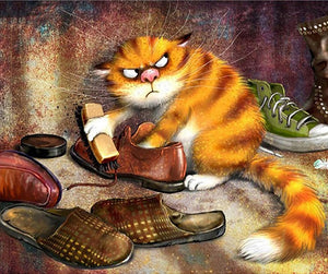 Angry Cat Brushes Shoe Painting