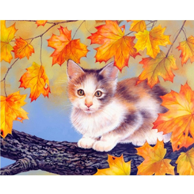 Maple Leaves And Cat 5D Diamond Painting